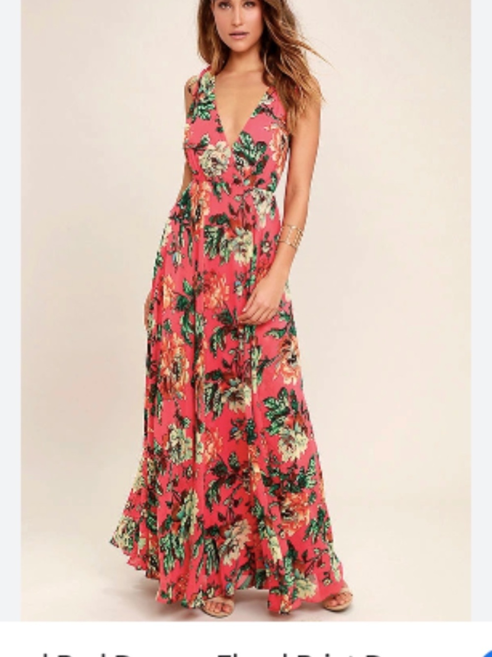 Lulus Countryside Manor Coral Red Floral Print Open Back Boho Maxi Dress Size M